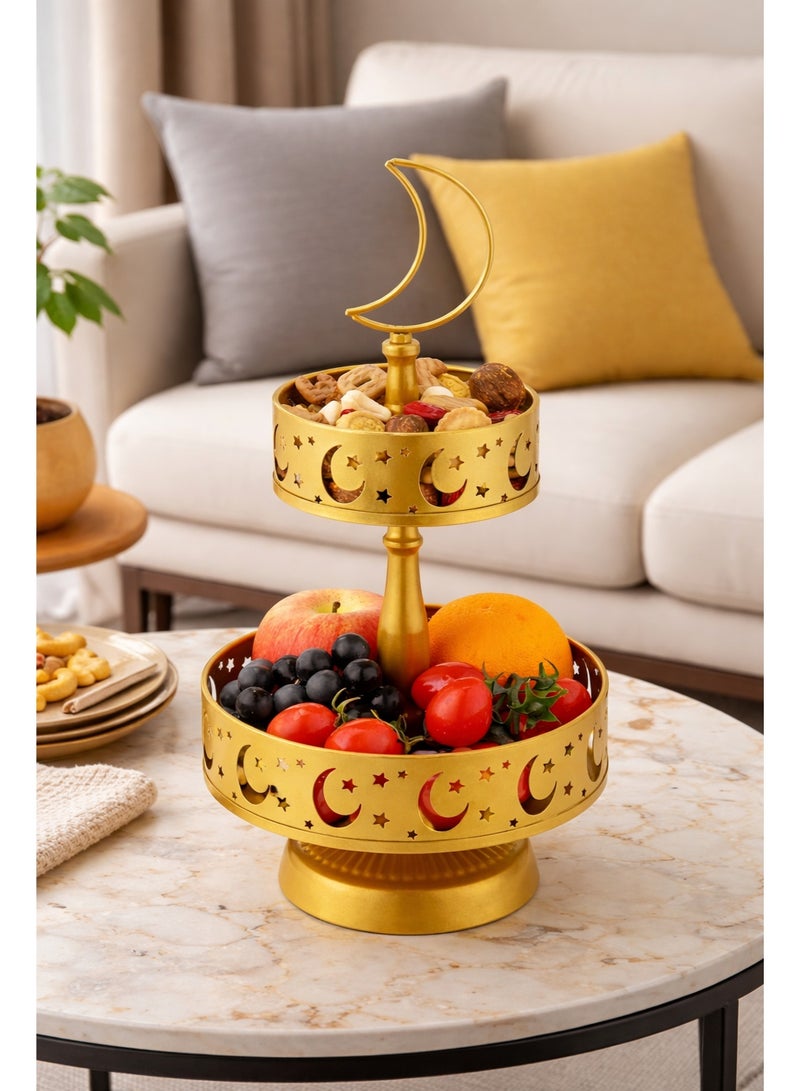 دائرة مربعة حامل تقديم معدني ذهبي 2 طوابق بتصميم الهلال والنجوم – حامل فواكه وتمور وحلويات لرمضان، مثالي للتجمعات العائلية والضيافة - Image 5